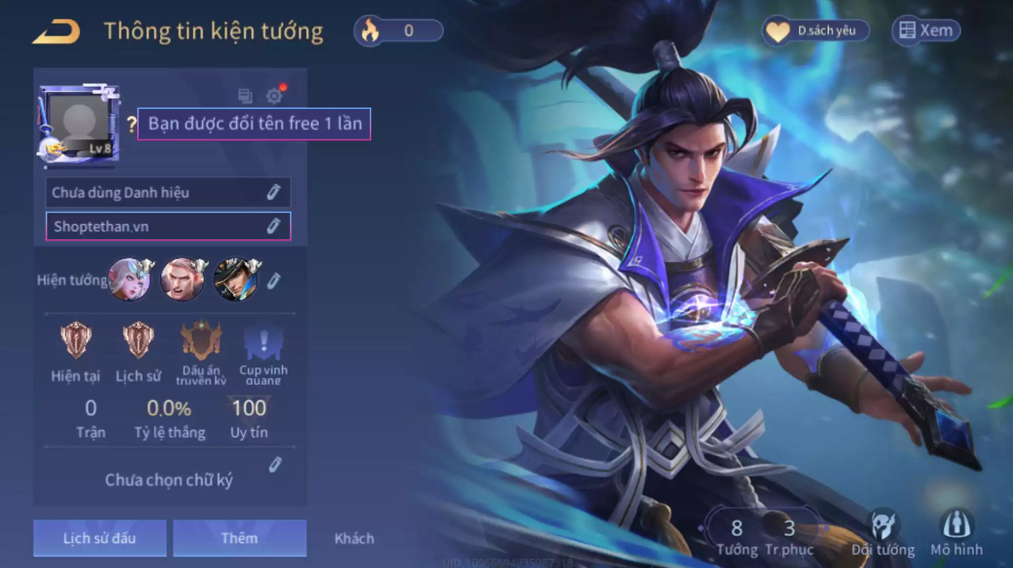 ACC  REG: Ryoma samurai, sẵn tướng, trắng thông tin, free đổi tên